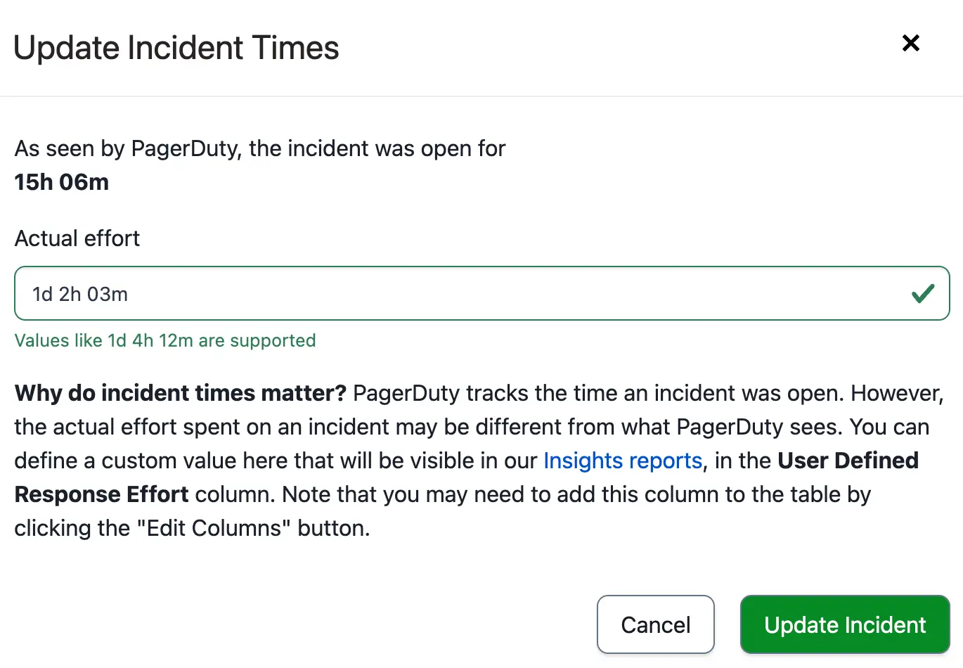 A screenshot of the PagerDuty web app showing how to update incident times