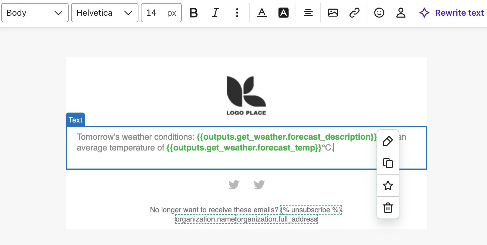 template with output for custom actions
