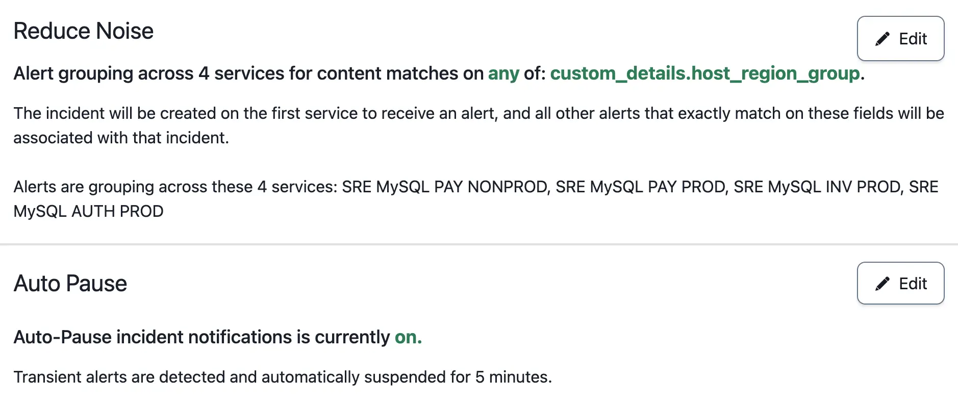 Noise Reduction Settings on a PagerDuty Service