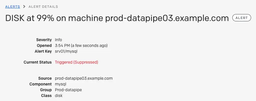 A screenshot of the PagerDuty web app detailing a suppressed alert